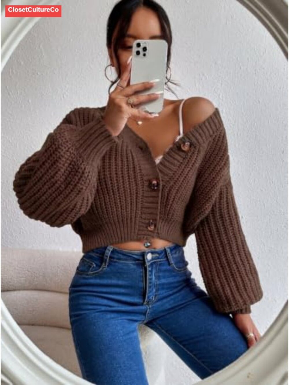 Women's Chunky Cable Knit Crop Cardigan V-Neck Button Front Sweater - Picture 2 of 4
